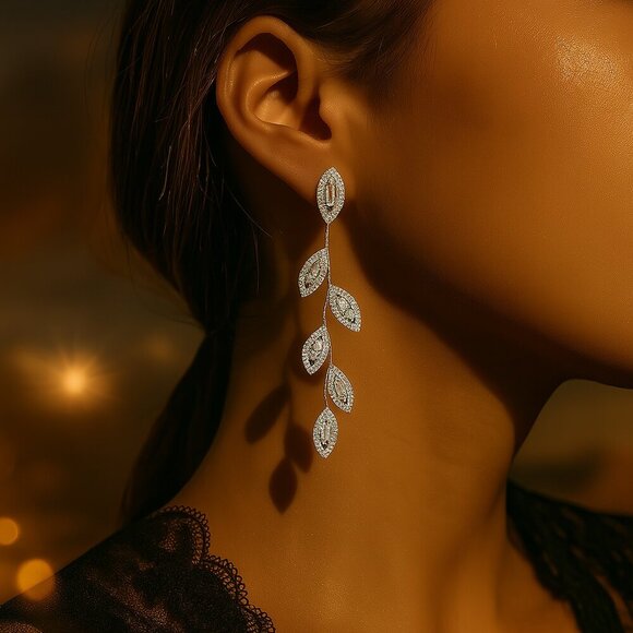 Leaf Drop Earrings Silver Plated S925 CZ Minimalist Statement Sparkling Dangles - Picture 9 of 12